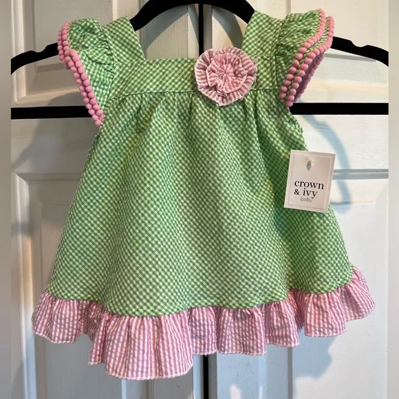 crown & ivy | Dresses | Nwt Seersucker Girls Top Green White Checked W Pink  Ruffles Bow | Poshmark